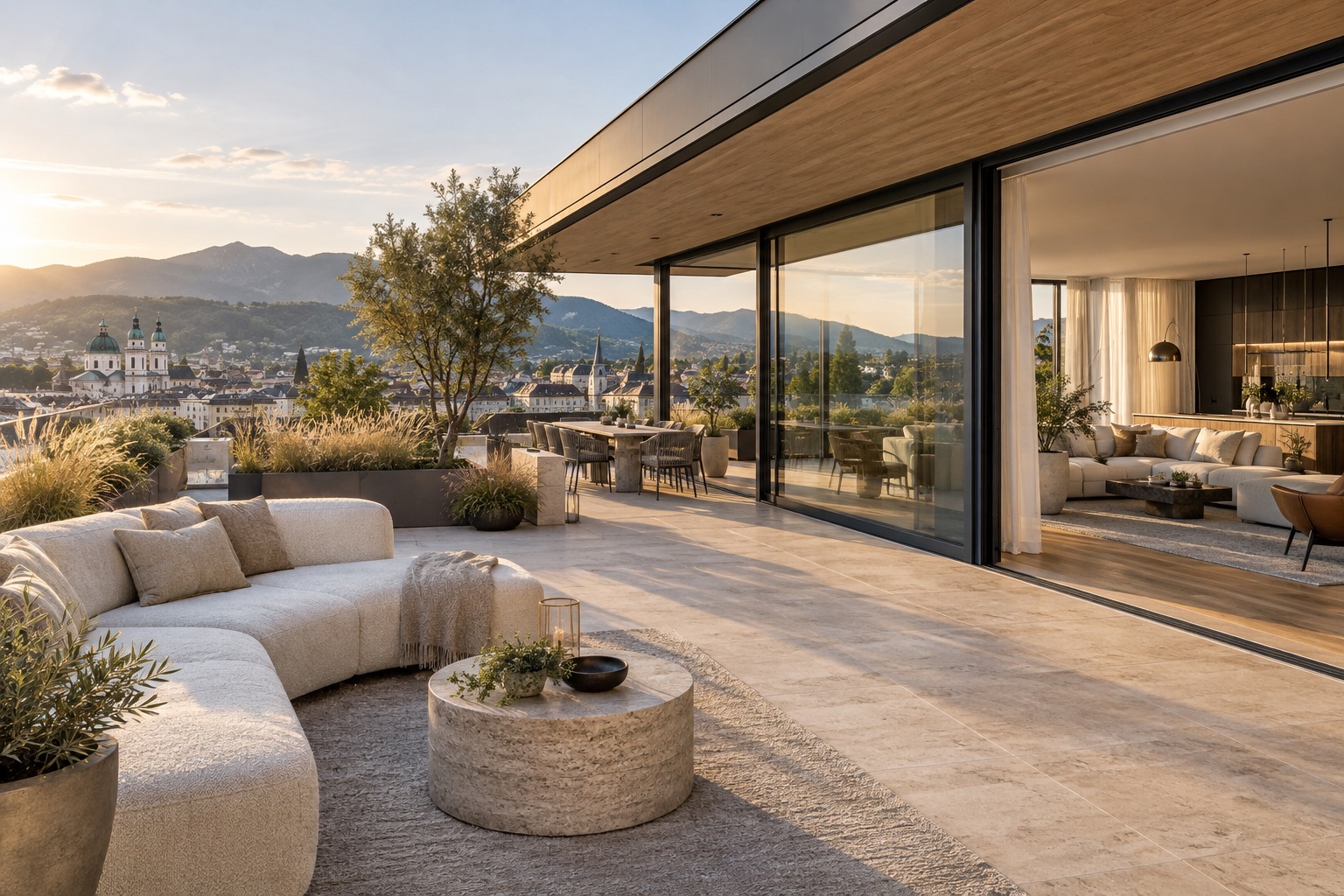 Helle Penthouse-Terrasse mit Sitzbereich und offenem Wohnraum als Wohninspiration